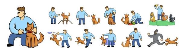 Een tekenfilmman die zijn grappige hond traint. Man en hond spelen samen. Hond achtervolgt een crimineel. Set van platte stripfiguren. Platte vectorillustratie. Geïsoleerd op witte achtergrond. — Stockvector