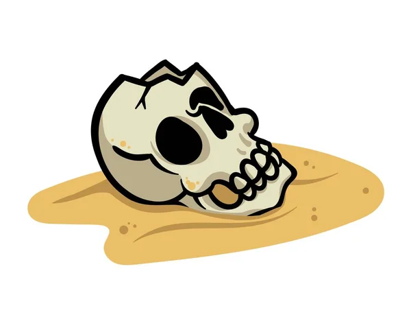Cartoon menselijke schedel op het zand. Vlakke vector illustratie geïsoleerd op witte achtergrond. — Stockvector