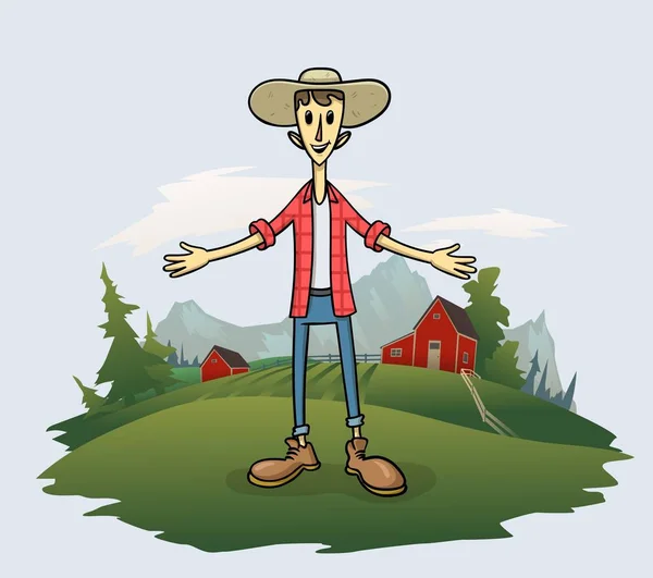 Joven agricultor amigable le da la bienvenida a su rancho, divertido personaje de dibujos animados de pie en la hierba con árboles y montaña en el fondo. Ilustración vectorial plana . — Vector de stock