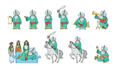Peri masalı sultanı değişik pozlarda yeşil bornoz giymiş, çizgi film karakterleri seti. Düz vektör çizimi, beyaz arkaplanda izole.