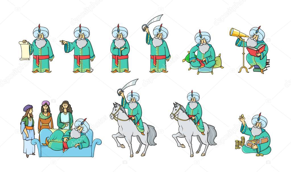 Fairytale Sultan dressed in green robe in various poses, set of cartoon characters. Flat vector illustration, isolated on white background.