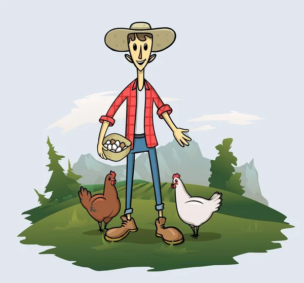 Νεαρός αγρότης στο καπέλο με αυγά και τσίκενς, αστείος χαρακτήρας κινουμένων σχεδίων στέκεται στο γρασίδι με δέντρα και ορεινό τοπίο στο παρασκήνιο. Επίπεδη διανυσματική απεικόνιση. — Διανυσματικό Αρχείο