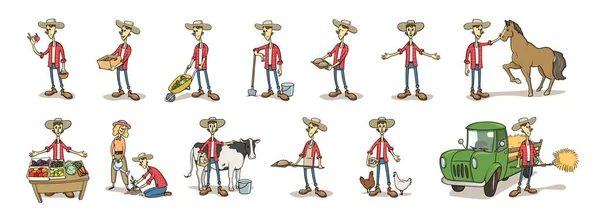 Ung bonde i hatten, sjove tegneseriefigur sæt. Illustration af isoleret vektor . – Stock-vektor