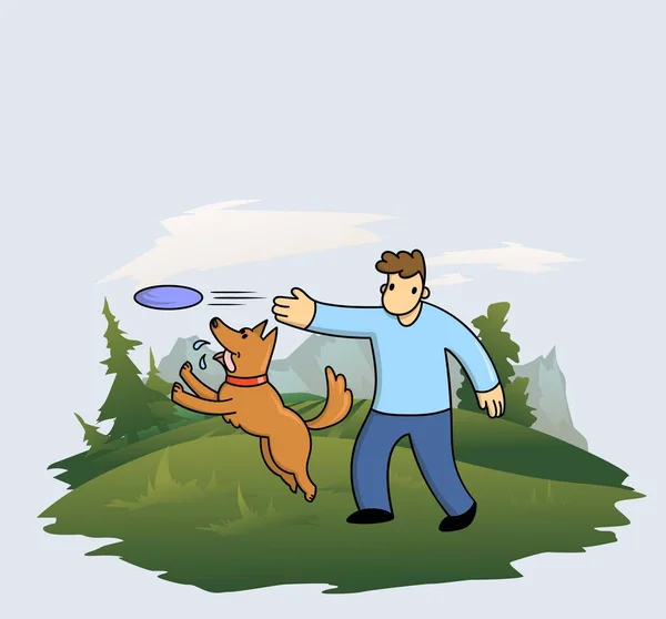 Hombre de dibujos animados entrenando a su perro divertido en el bosque y las montañas de fondo. Hombre y perro jugando juntos. Ilustración vectorial plana . — Vector de stock