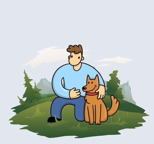 Cartoon man traint zijn grappige hond op bos en bergen achtergrond. Man en hond spelen samen. Platte vectorillustratie. — Stockvector