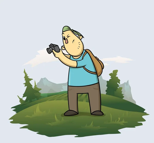 Turista scattare foto nella foresta vicino alle montagne. Illustrazione vettoriale piatto . — Vettoriale Stock
