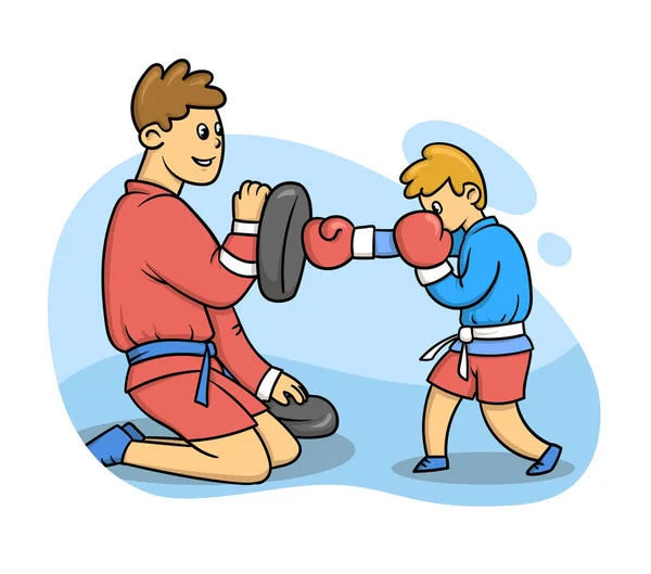 Cartoon jongen boksen en oefenen met een coach. Doos en hobby concept. Vlakke stijl vector illustratie geïsoleerd op witte achtergrond. — Stockvector