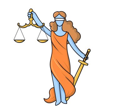 Themis or Justice - goddess of order and law in Ancient Greece. Greek and Roman mythical character with blindfold, sword, and scales. Flat cartoon vector illustration.