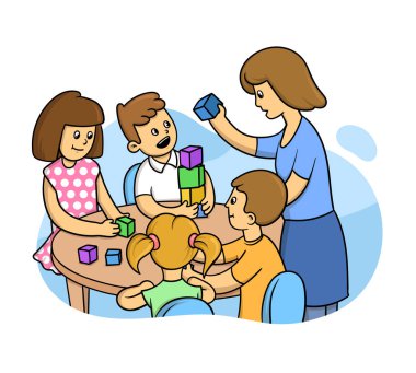 Çocuklar sınıfta öğretmenle yapı taşı oynuyorlar. Anaokulunda ya da eğitim kulübünde geliştirme dersleri. Düz biçim vektör çizimi beyaz arkaplanda izole edildi.
