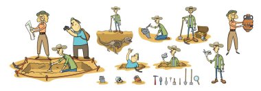 Arkeoloji, paleontoloji ve hazine avı, kazı alanında arkeologlar. Çizgi film karakterleri ve aletleri. Düz çizgi film vektör çizimi. Beyaz arkaplanda izole.