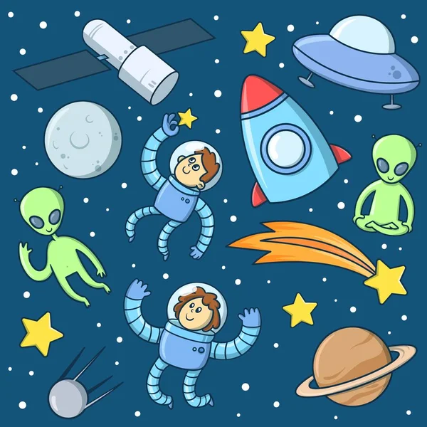 Cartoon astronauts, aliens, rocket, rockets, UFO, planets, stars in outer space. Characters and objects set. Flat vector illustration. — 스톡 벡터