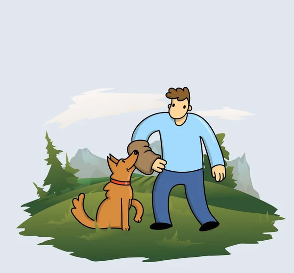 Cartoon man traint zijn grappige hond op bos en bergen achtergrond. Man en hond spelen samen. Platte vectorillustratie. — Stockvector