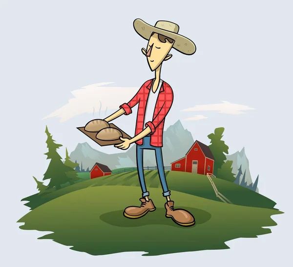 Young farmer in the hat holding freshly baked bread in front of him, cartoon character standing on the grass with trees and mountain landscape on background. Flat vector illustration. — 스톡 벡터