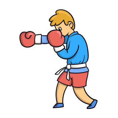 Cartoon martial arts fighter. Boxing teenager in traditional fighting clothing with boxing gloves. Flat vector illustration, isolated on white background.