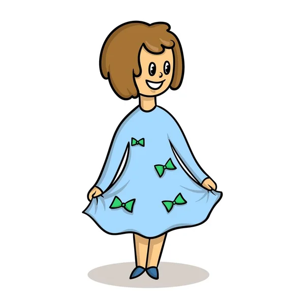 Feliz chica de dibujos animados sonriente en vestido azul. Ilustración vectorial plana, aislada sobre fondo blanco . — Vector de stock