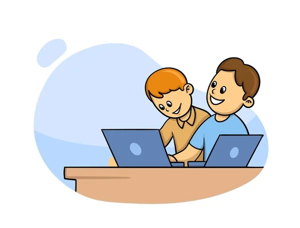 Studenten met laptop. Kinderen die computer studeren, laptop spelen. Kinderen en vrienden die een notitieboekje gebruiken. Vlakke vector illustratie, geïsoleerd op witte achtergrond. — Stockvector