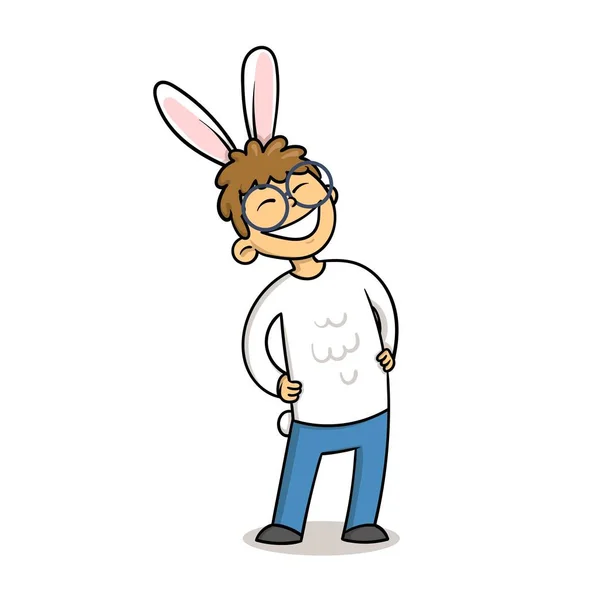 Усміхнений персонаж мультиплікаційного хлопчика у вухах кролика. Свята, культура та святкування. Плоска векторна ілюстрація, ізольована на білому тлі . — стоковий вектор