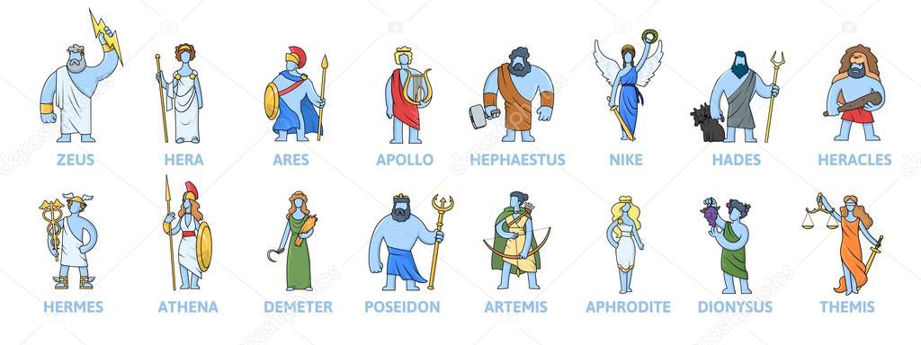 Pantheon of ancient Greek gods, Ancient Greece mythology. Set of cartoon characters with names. Flat vector illustration. Isolated on white background.