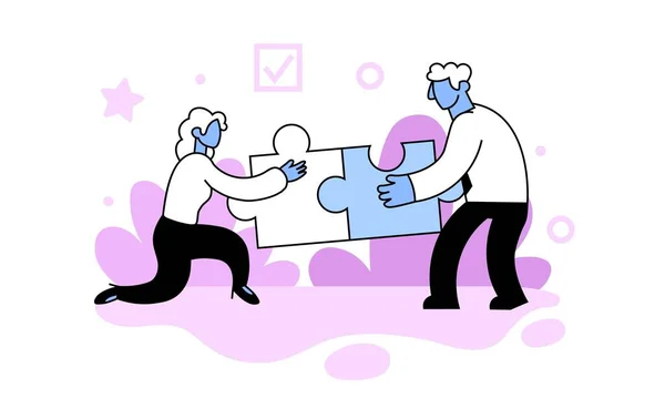 Man and woman assembling jigsaw puzzle together. Concept of teamwork, cooperation, business interaction, colleagues at work. Concept flat vector illustration, isolated on white background. — 스톡 벡터
