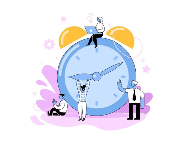 Business people working around big alarm clock. Concept flat vector illustration, isolated on white background. — 스톡 벡터