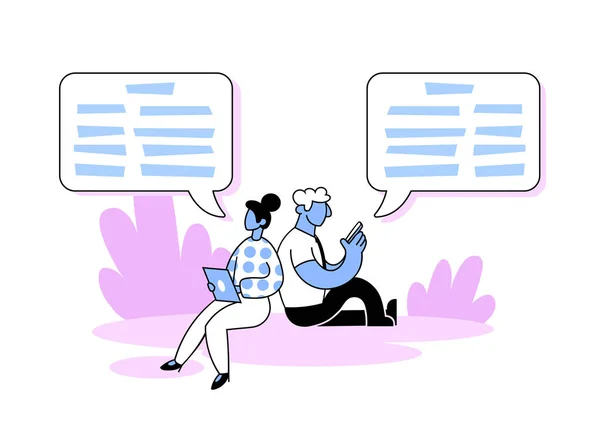 Hombre y mujer leyendo mensajes de chat, concepto de comunicación moderna. Ilustración vectorial plana. Aislado sobre fondo blanco . — Vector de stock