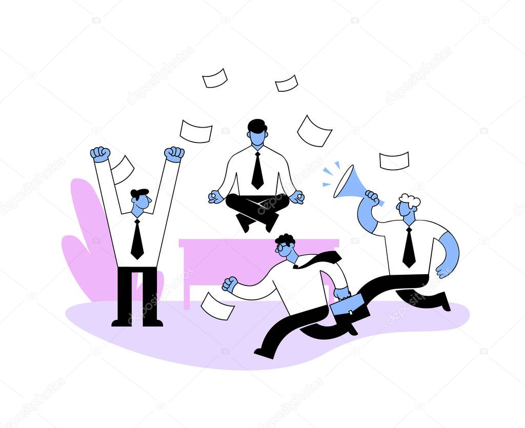 Businessman meditating in the office among rushing colleagues. Flat vector illustration. Isolated on white background.