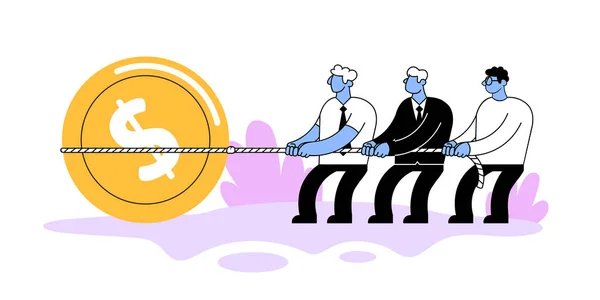 Grupo de empresários a puxar corda amarrada a uma grande moeda. Ilustração vetorial plana. Isolado sobre fundo branco . —  Vetores de Stock