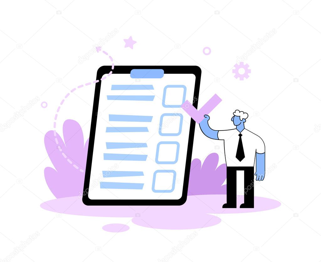 Businessman making a mark on a questionnaire, survey, to-do list. Filling forms, planning concept. Flat vector illustration. Isolated on white background.