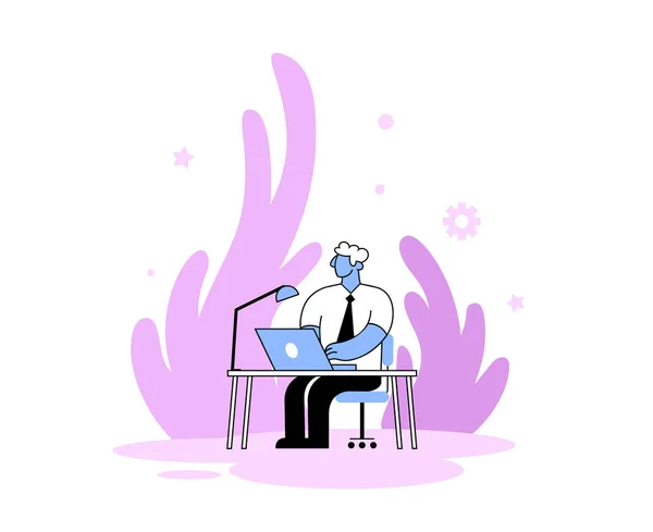 Empresario trabajando en un portátil sentado en su escritorio. Ilustración vectorial plana. Aislado sobre fondo blanco . — Vector de stock