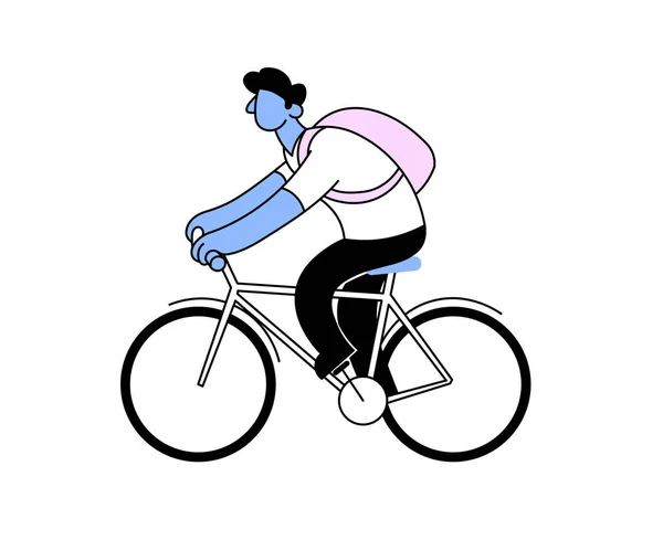 Cartoon-Typ mit einem Rucksack auf einem Fahrrad. flache Vektordarstellung. isoliert auf weißem Hintergrund. — Stockvektor