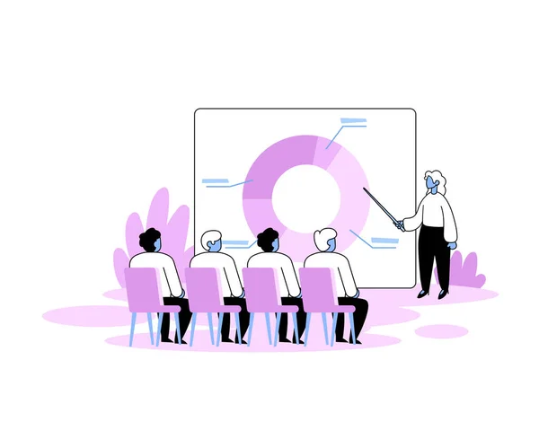 Escena de presentación de negocios. Análisis de mercado, reuniones de oficina, formación corporativa, presentación de ventas. Ilustración vectorial plana. Aislado sobre fondo blanco . — Vector de stock