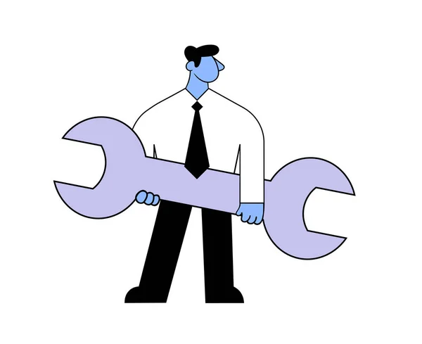 Un hombre de negocios de dibujos animados sosteniendo una llave inglesa. Concepto de soporte técnico. Ilustración vectorial plana. Aislado sobre fondo blanco . — Vector de stock