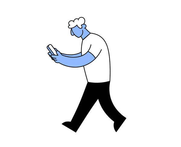 Uomo che cammina guardando smartphone nelle sue mani. Dipendenza da smartphone. Illustrazione a vettore piatto. Isolato su sfondo bianco . — Vettoriale Stock