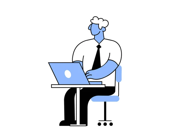 Empresario trabajando en un portátil sentado en su escritorio. Ilustración vectorial plana. Aislado sobre fondo blanco . — Vector de stock