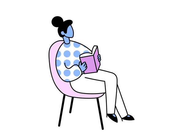 Женщина читает книгу, сидя на стуле. Плоский векторный рисунок. Изолированный на белом фоне . — стоковый вектор