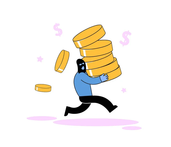 Ladrão mascarado a fugir com uma pilha de moedas. Ilustração vetorial plana. Isolado sobre fundo branco . —  Vetores de Stock