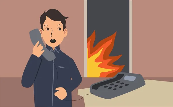 Genç adam yardım istiyor. İçinde ateş olan bir evden telefon. Yangın güvenlik önlemleri. Çizgi film vektör çizimi. Düz stil. Yatay. — Stok Vektör