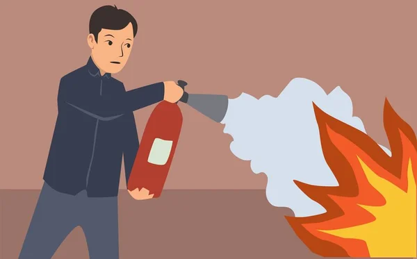 Un joven con un extintor de incendios en las manos apaga el fuego en el apartamento. Medidas de seguridad contra incendios. Ilustración vectorial de dibujos animados. Estilo plano. Horizontal . — Vector de stock