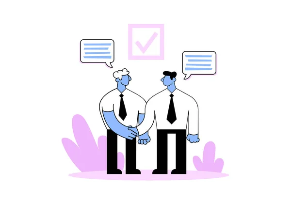 Zakenmensen schudden elkaar de hand. Partnerschap, deal, samenwerking. Cartoon vector illustratie. Vlakke stijl. Geïsoleerd op witte achtergrond. — Stockvector