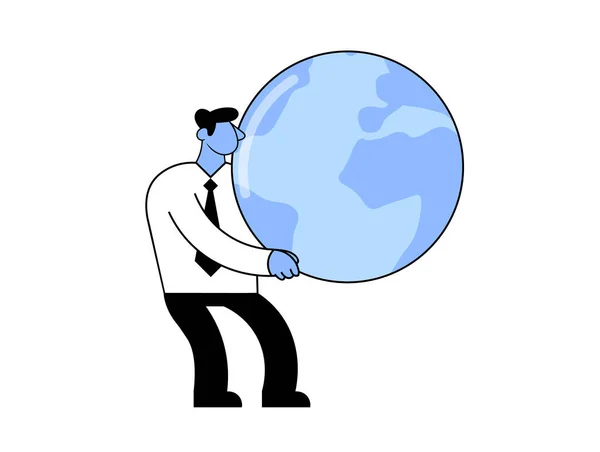 Zakenman met een grote wereldbol in zijn handen. Cartoon vector illustratie. Vlakke stijl. Geïsoleerd op witte achtergrond. — Stockvector