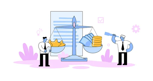 Dos hombres de negocios de pie junto a la balanza con estrellas y dinero. Competencia, benchmarking, concepto de negocio de evaluación. Ilustración vectorial de dibujos animados. Estilo plano. Aislado sobre fondo blanco . — Vector de stock