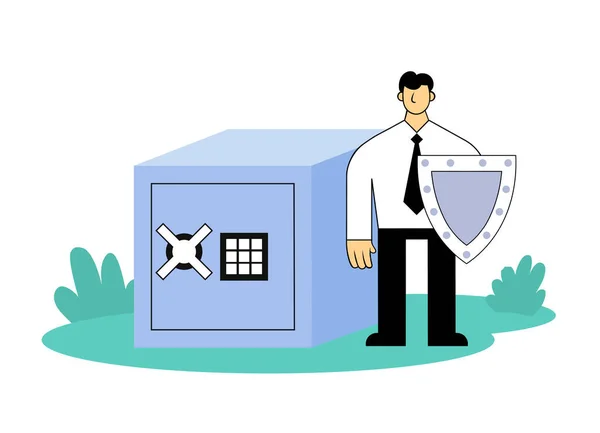 Businessman with a shield protecting savings and investments in front of big safe box. Flat vector illustration. Isolated on white background. — Stockvektor