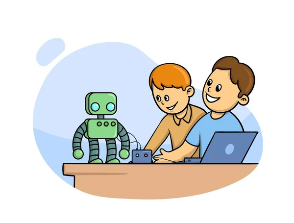 Anak-anak bahagia di kelas belajar robotika, ilmu pengetahuan dengan robot kecil yang lucu di depan mereka. Ilustrasi vektor kartun. Gaya datar. Terisolasi pada latar belakang putih . - Stok Vektor