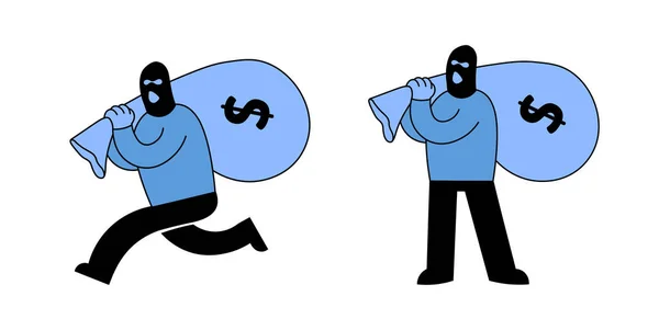 Maskerad tjuv eller bankrånare som bär en säck med pengar och rymmer, tecknad karaktär uppsättning av två. Platt vektor illustration. Isolerad på vit bakgrund. — Stock vektor