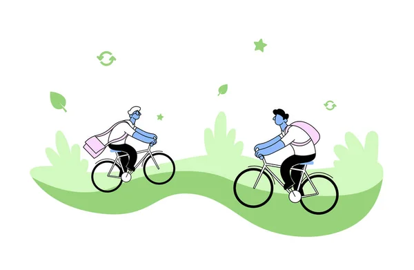 Dos hombres montando bicicletas sobre fondo verde. Problemas ambientales, concepto de preocupación. Ilustración vectorial de dibujos animados. Estilo plano. Aislado sobre fondo blanco . — Vector de stock