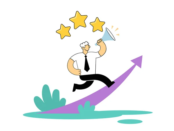 Businessman running up the rising arrow with rating stars above his head. Benchmarking, career, start-up concept. Cartoon vector illustration. Flat style. Isolated on white background. — Stock Vector