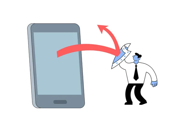 ビジネスマンは、スマートフォンから来る赤い矢印をブロックします。インターネットブロック、スパム対策の概念。フラットベクトルイラスト。白地に隔離された. — ストックベクタ