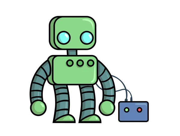 Robot mecánico de dibujos animados cargando batería. Ilustración vectorial de dibujos animados. Estilo plano. Aislado sobre fondo blanco . — Vector de stock