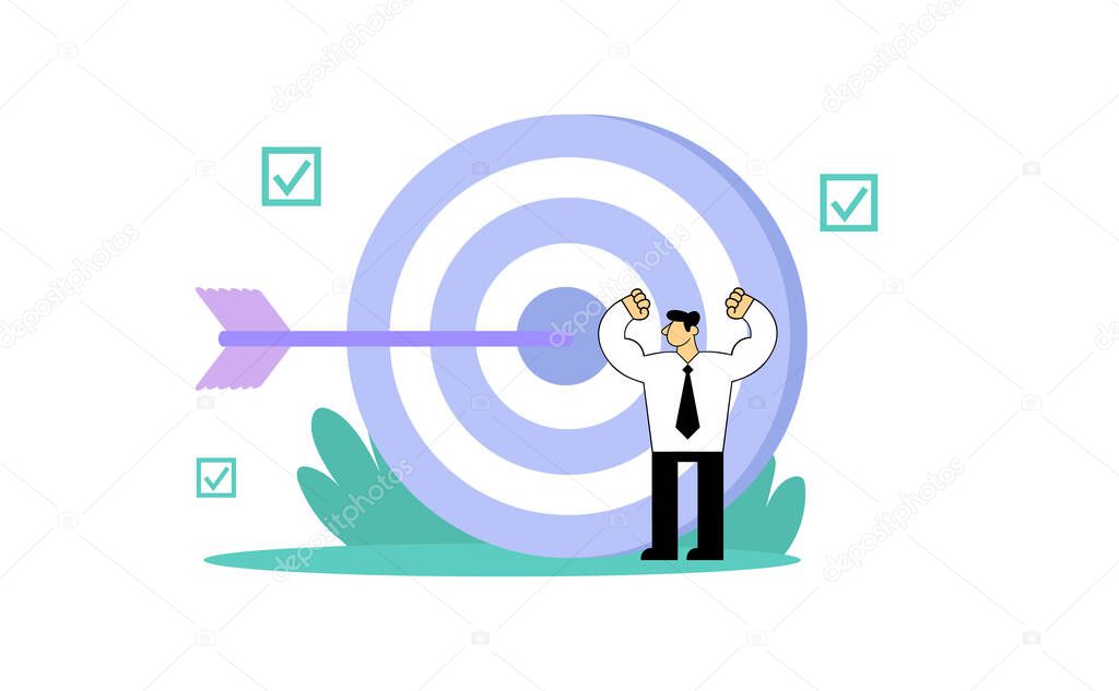 Businessman standing in front of big dartboard with an arrow in its center. Business, target, success, goal concept. Flat vector illustration. Isolated on white background.