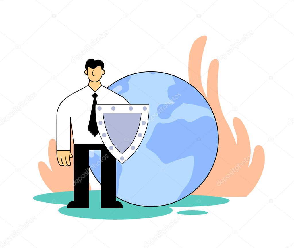 Man with a shield protects planet. Environmental problems, global warming, eco activism. Flat vector illustration. Isolated on white background.